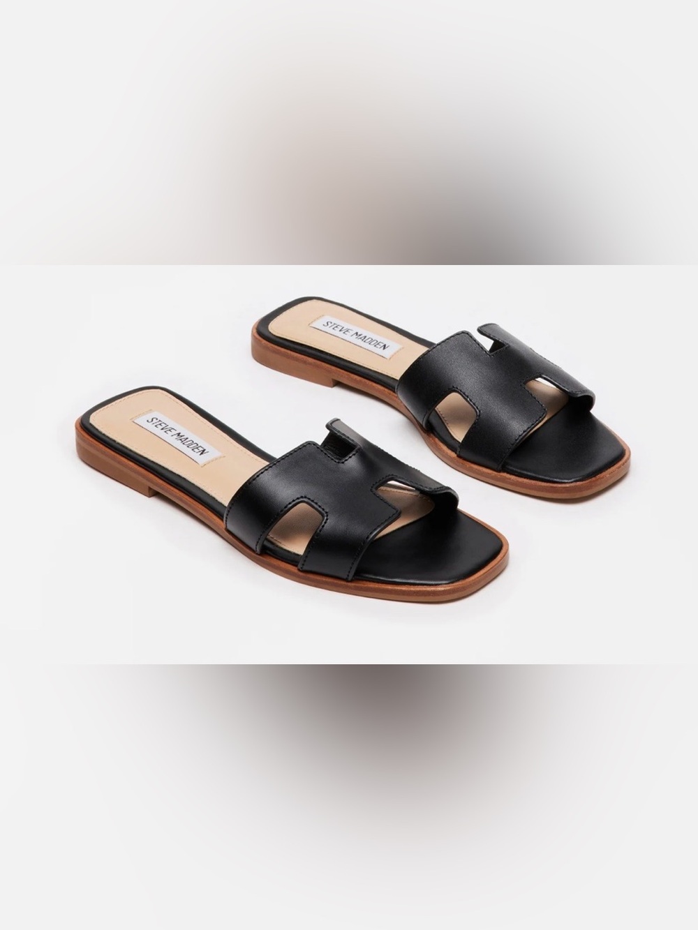Steve Madden Black Slide Sandals with Tan Sole Edge